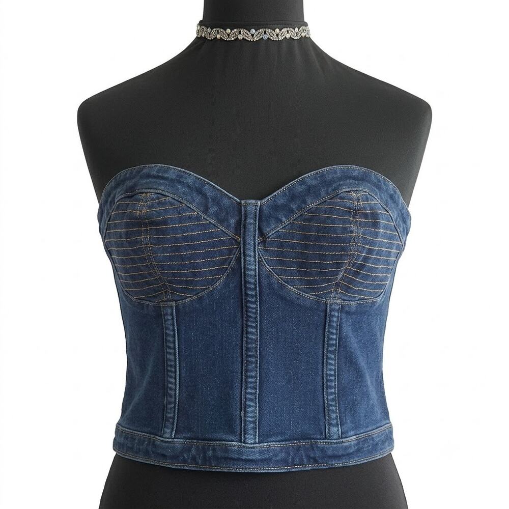 Express Denim Corset Top M Medium Bustier Strapless Jean Contrast Stitch Cropped